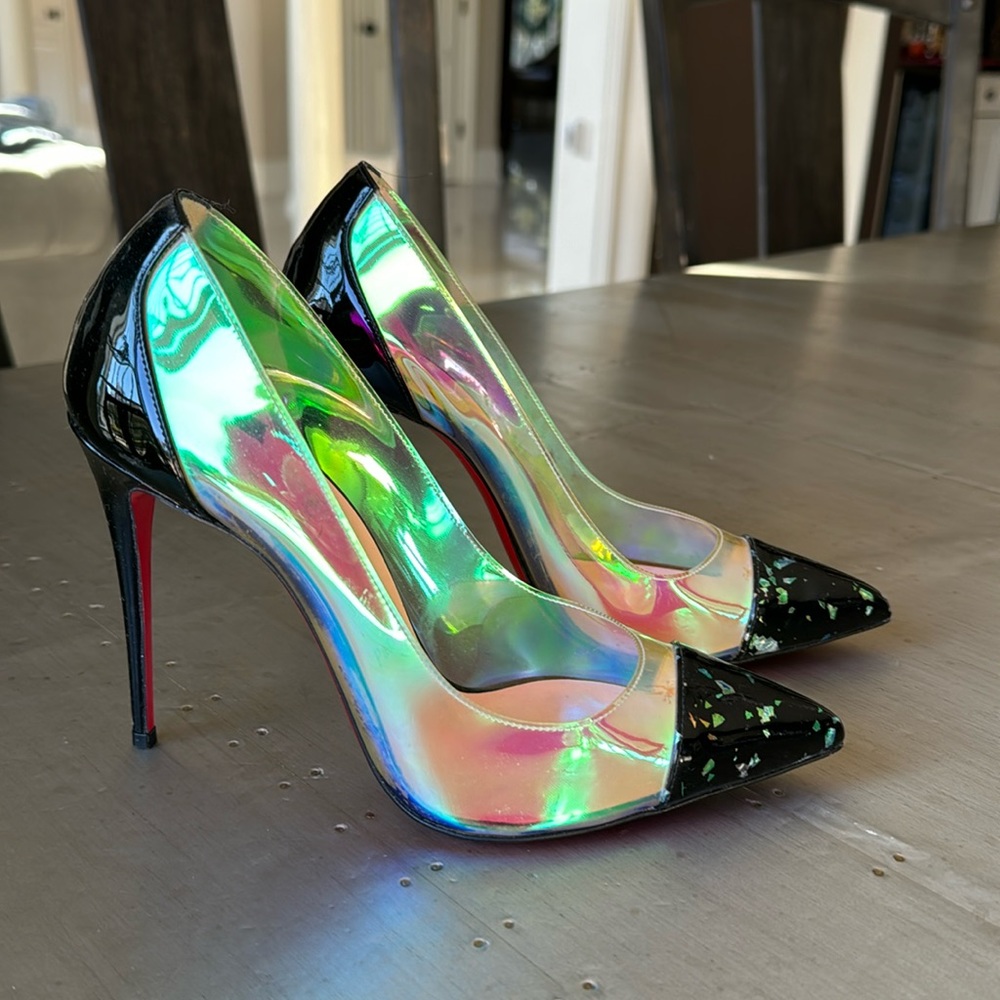 Christian Louboutin debout pvc black disco shiny stiletto pump 100mm Sz 39